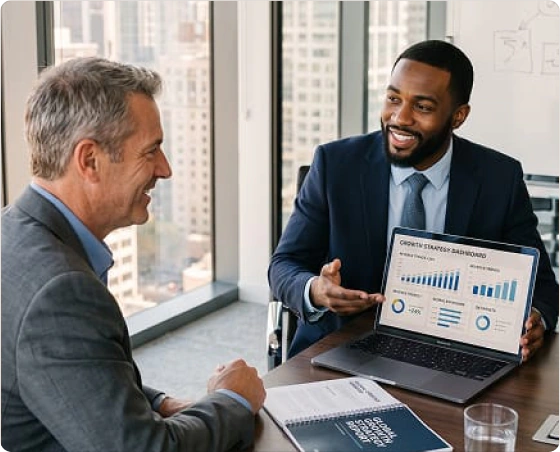 Two advisers reviewing a growth chart on a laptop with a Nashville client